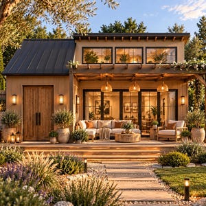 Könnte beinhalten: Ein einstöckiges Haus mit dunklem Metalldach, beiger Fassade und einer Holzpergola über der Terrasse. Auf der Terrasse stehen ein Ecksofa, ein Sessel und ein runder Couchtisch. Große Glastüren und Fenster geben den Blick auf den Innenraum frei.