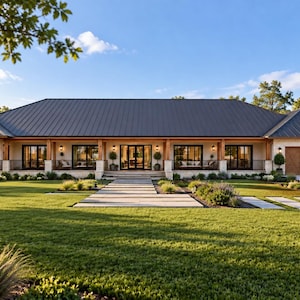 May include: A single-story house with a dark metal roof, light-colored stone exterior, and wooden garage doors. The front features a covered porch with wooden support beams, large black-framed windows, and a central entrance with a stone walkway.
