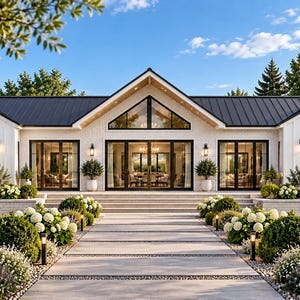 May include: A single-story house with white vertical siding, a dark metal roof, and a central gable featuring a triangular window. The exterior includes black-framed windows and glass doors, wall-mounted lights, and a concrete walkway.