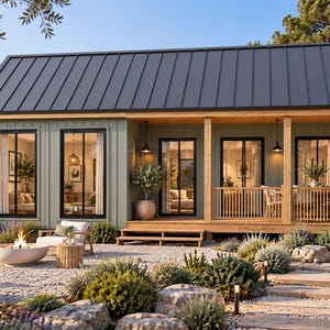 Op de afbeelding: Een gelijkvloers huis met verticale gevelbekleding in saliegroen, een donkergrijs metalen dak en een houten veranda. De buitenkant heeft grote zwart omlijste ramen en glazen deuren, met een stenen terras met een vuurplaats en stoelen.
