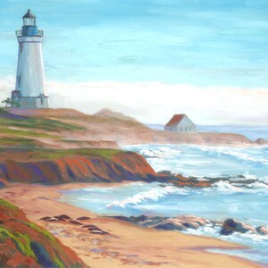 May include: A white lighthouse stands tall on a rocky cliff overlooking a blue ocean with white waves crashing on the shore. A smaller white building with a red roof is visible in the distance.