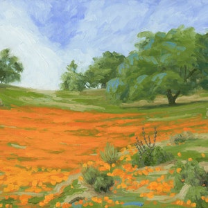 May include: A painting of a field of orange poppies with green hills and trees in the background. The sky is blue with white clouds.