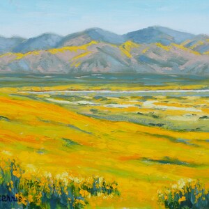 May include: A painting of a landscape with a field of yellow wildflowers in the foreground, a river in the middle ground, and a mountain range in the background.