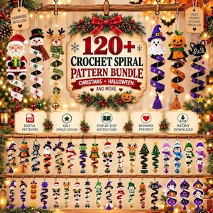May include: A digital collection of 120+ crochet spiral patterns featuring holiday-themed ornaments like Santa, snowmen, reindeer, ghosts, pumpkins, and black cats. The bundle includes step-by-step instructions for various hanging decorations.