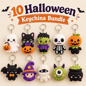 Pode incluir: Um conjunto de 10 porta-chaves de croché com tema de Halloween, incluindo um fantasma com abóbora, um gato preto, um monstro verde, um esqueleto, uma abóbora, um morcego, uma bruxa, uma múmia, uma criatura verde de um olho e um caldeirão preto.