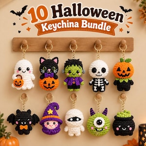 May include: A bundle of 10 crocheted Halloween keychains featuring a ghost, black cat, Frankenstein monster, skeleton, pumpkin, bat, witch, mummy, cyclops, and cauldron. The text 10 Halloween Keychina Bundle is displayed above.