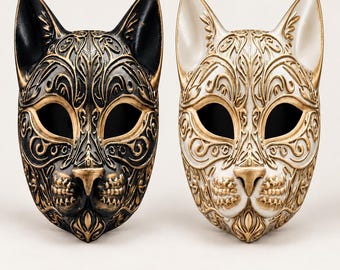 Mystical Cat Mask Black/White Gold – Hand-Painted Fantasy Mask for Cosplay, Halloween & Costume