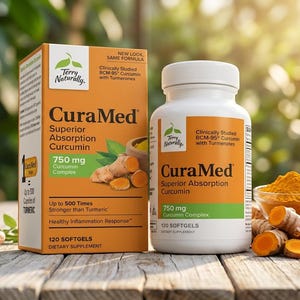 May include: A white plastic bottle and a rectangular cardboard box of CuraMed Superior Absorption Curcumin dietary supplement. Both feature orange and green labels with the text 750 mg Curcumin Complex and 120 softgels, alongside turmeric root.