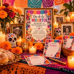 May include: A Dia de los Muertos memory and remembrance table sign with colorful floral and skull illustrations, accompanied by matching memory cards, a gold pen, sugar skull figurines, candles, and orange marigold flowers.