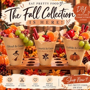 May include: Three tan paper charcuterie cones in a wooden holder, each filled with grapes, cheese, peppers, and meat. The cones feature text: Ghoul & Graze, Grateful & Graze, and Gobble & Graze, with illustrations of a ghost, flower, and turkey.