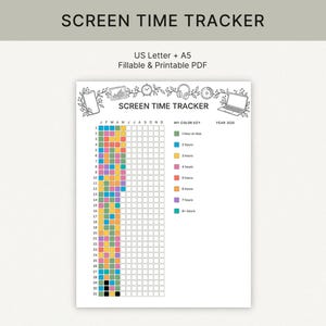 Suivi du temps d'écran à imprimer : Journal annuel des pixels, PDF à remplir, formats US Letter et A5