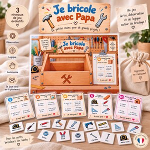 Peut inclure: Un jeu éducatif sur le thème du bricolage intitulé Je bricole avec Papa, comprenant une illustration de boîte à outils, des cartes de mission numérotées 1, 2, 4, 5 et 10, ainsi que des jetons carrés illustrant des outils comme marteaux et clés.