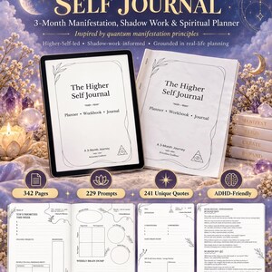 May include: The Higher Self Journal, a 3-month manifestation, shadow work, and spiritual planner. Includes a digital tablet version and a physical book, featuring 342 pages, 229 prompts, 241 quotes, and ADHD-friendly layouts for weekly and daily planning.