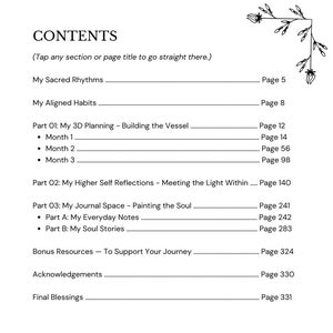 Puede incluir: Una página de índice en blanco y negro titulada CONTENTS con arte lineal floral en las esquinas. Enumera secciones que incluyen My Sacred Rhythms, My Aligned Habits, Part 01: My 3D Planning, Part 02: My Higher Self Reflections y Part 03: My Journal Space.