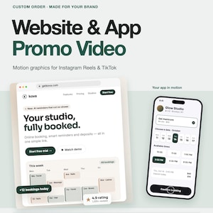 May include: A digital display showing a website and app promo video for a booking service. The interface features the text Website & App Promo Video, Your studio, fully booked, and Glow Studio with a calendar, booking slots, and rating.