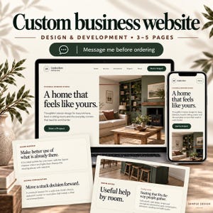 Puede incluir: Un servicio de diseño y desarrollo de sitios web empresariales de 3 a 5 páginas. La pantalla muestra un portátil y un smartphone con el sitio web de Linden Row Interiors, el texto A home that feels like yours y un botón de mensaje antes de pedir.
