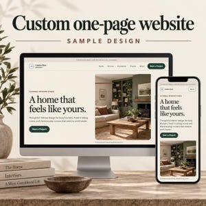May include: A computer monitor and a smartphone displaying a custom one-page website design for Linden Row Interiors. The screen shows the text A home that feels like yours, a photo of a living room, and a Start a Project button in dark green.