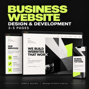 May include: A digital display showing a business website design with the text "BUSINESS WEBSITE DESIGN & DEVELOPMENT 3-5 PAGES" at the top. The screen features a laptop and smartphone interface with black, white, and lime green graphic elements.