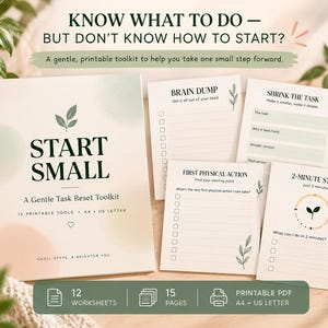 以下が含まれることがあります： START SMALL A Gentle Task Reset Toolkitというタイトルの表紙と、BRAIN DUMP、SHRINK THE TASK、FIRST PHYSICAL ACTION、2-MINUTE STARTというタイトルの4枚のワークシートで構成された、印刷可能なタスクリセットツールキット。柔らかな緑の葉のアクセントが特徴です。