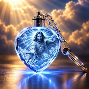May include: A heart-shaped crystal keychain featuring an internal blue-toned illustration of a figure with long hair and a robe, reaching forward with an open hand amidst clouds and light rays, attached to a silver-colored metal chain and ring.