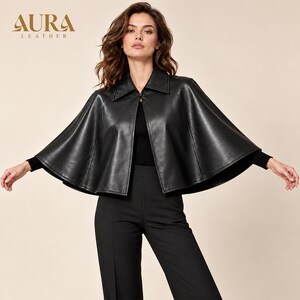 Womens Black Leather Poncho Jacket, Gothic Cape Coat, Statement Outerwear