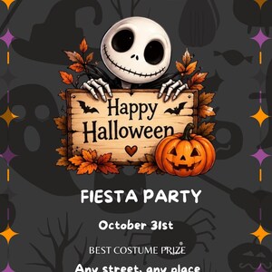 May include: A Halloween party flyer featuring a skeletal character holding a wooden sign that reads Happy Halloween. Below, the text reads FIESTA PARTY, October 31st, BEST COSTUME PRIZE, and Any street, any place. The background is dark gray with silhouettes of cats, pumpkins, and coffins.