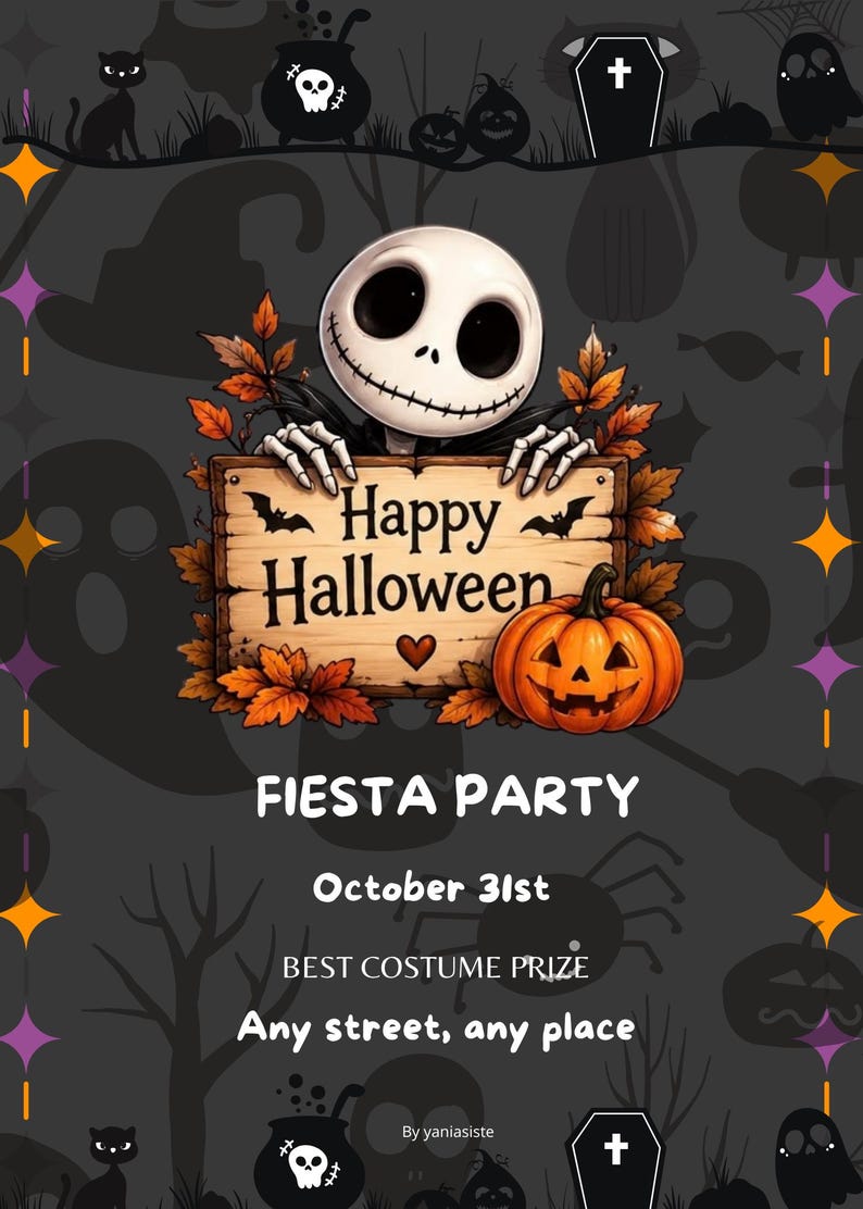 May include: A Halloween party flyer featuring a skeletal character holding a wooden sign that reads Happy Halloween. Below, the text reads FIESTA PARTY, October 31st, BEST COSTUME PRIZE, and Any street, any place. The background is dark gray with silhouettes of cats, pumpkins, and coffins.