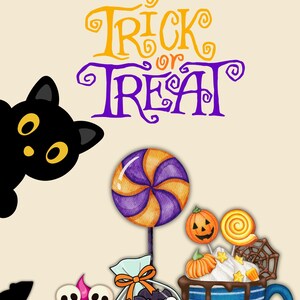 May include: A Halloween-themed illustration featuring the text Trick or Treat in orange and purple. Elements include a black cat, a purple and orange swirl lollipop, a pink cupcake with skulls, a bag of candy, and a blue mug with treats.