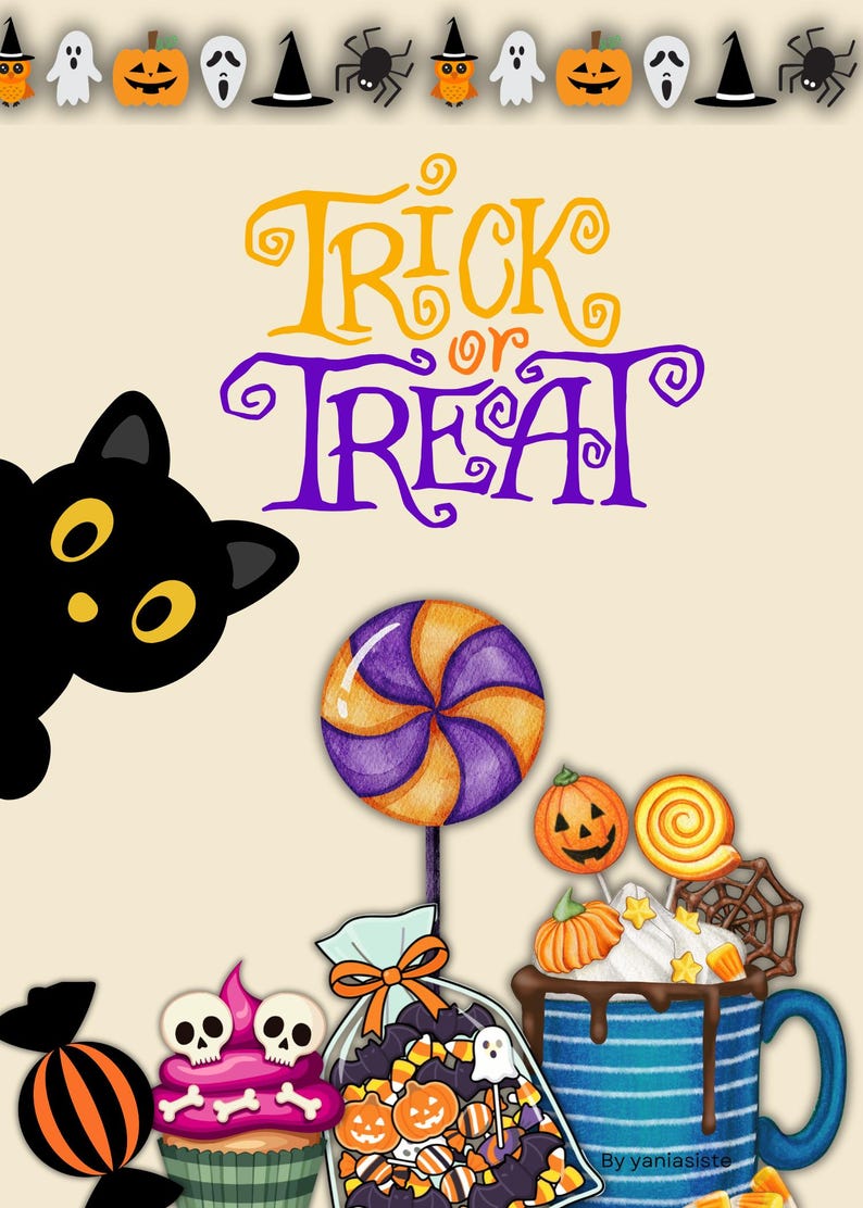 May include: A Halloween-themed illustration featuring the text Trick or Treat in orange and purple. Elements include a black cat, a purple and orange swirl lollipop, a pink cupcake with skulls, a bag of candy, and a blue mug with treats.