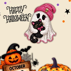 May include: A graphic illustration featuring a ghost wearing a pink glittery beanie and holding a black cat, with the text Happy Halloween. Below, a calendar page shows October 31, accompanied by orange pumpkins, a purple potion bottle, and bats.