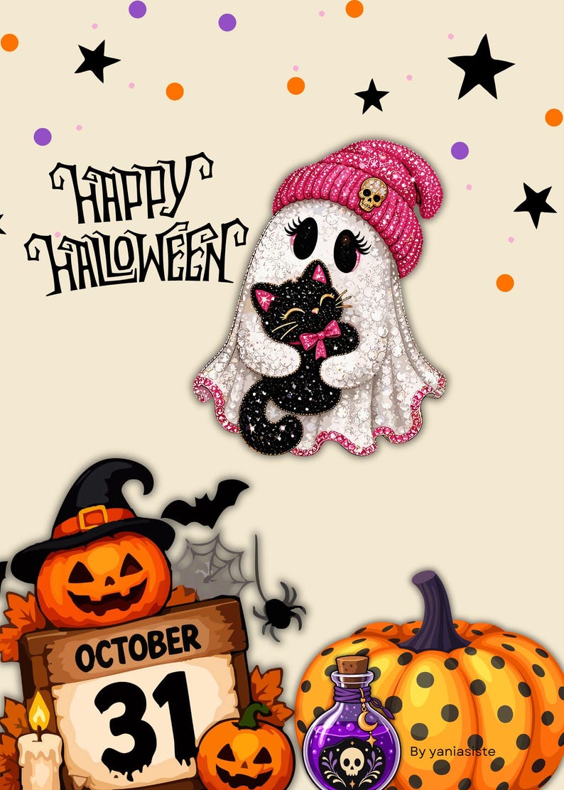 May include: A graphic illustration featuring a ghost wearing a pink glittery beanie and holding a black cat, with the text Happy Halloween. Below, a calendar page shows October 31, accompanied by orange pumpkins, a purple potion bottle, and bats.