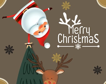 May include: A brown holiday card featuring a cartoon Santa Claus balancing on a green Christmas tree. Below, a brown reindeer stands next to a red sleigh filled with wrapped gifts. The text Merry Christmas is printed in white.