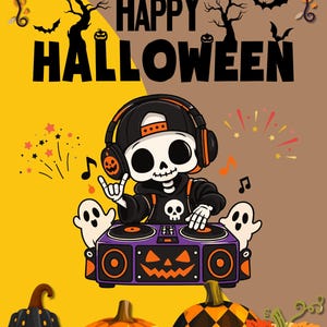 May include: A digital illustration featuring a skeleton DJ wearing headphones and a cap, mixing on a purple pumpkin-themed console. The text reads HAPPY HALLOWEEN, surrounded by ghosts, bats, bare trees, and four decorative pumpkins below.