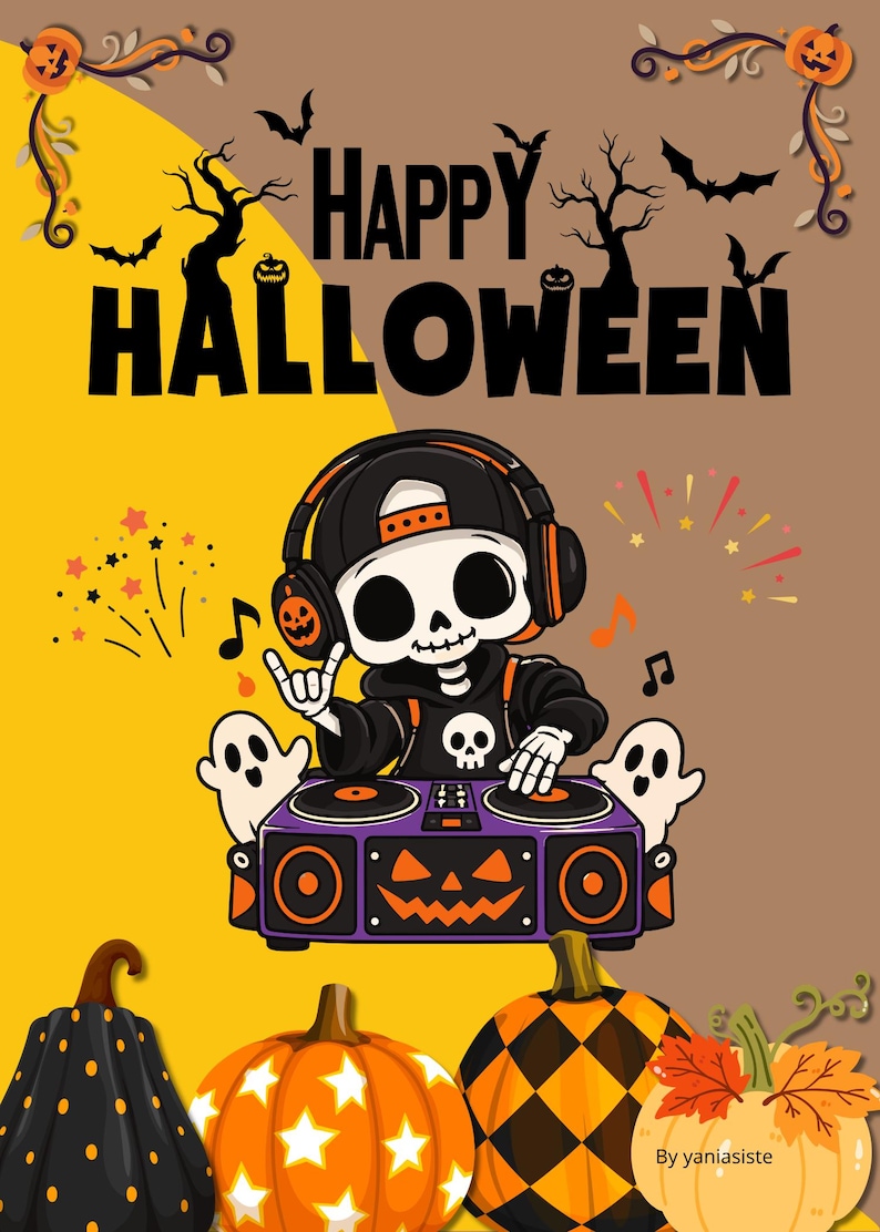 May include: A digital illustration featuring a skeleton DJ wearing headphones and a cap, mixing on a purple pumpkin-themed console. The text reads HAPPY HALLOWEEN, surrounded by ghosts, bats, bare trees, and four decorative pumpkins below.