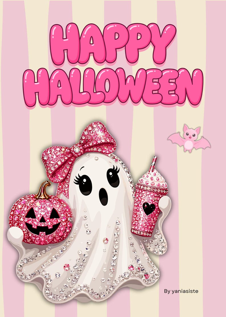 May include: A graphic illustration featuring the text HAPPY HALLOWEEN in pink bubble letters. A white ghost with a pink rhinestone bow holds a pink rhinestone pumpkin and a pink rhinestone drink cup. A small pink bat flies nearby.