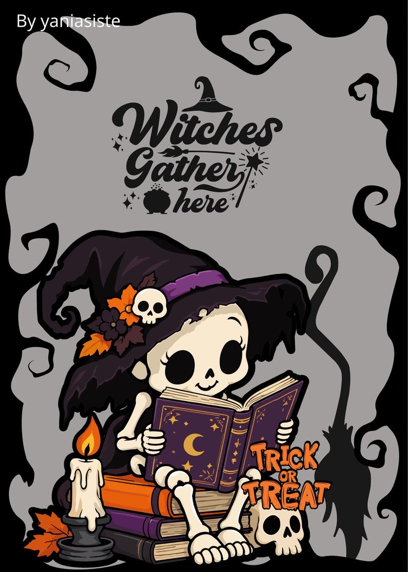 May include: A graphic illustration featuring a skeleton wearing a purple-banded witch hat, reading a purple book with a crescent moon. Text reads Witches Gather here and Trick or Treat. A lit candle and a skull sit on a stack of books.