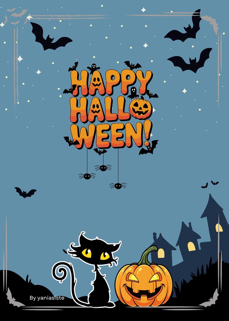May include: A blue graphic illustration featuring the text HAPPY HALLOWEEN in orange and yellow letters. The design includes black bats, spiders, a black cat with yellow eyes, and a carved orange jack-o'-lantern against a dark house silhouette.