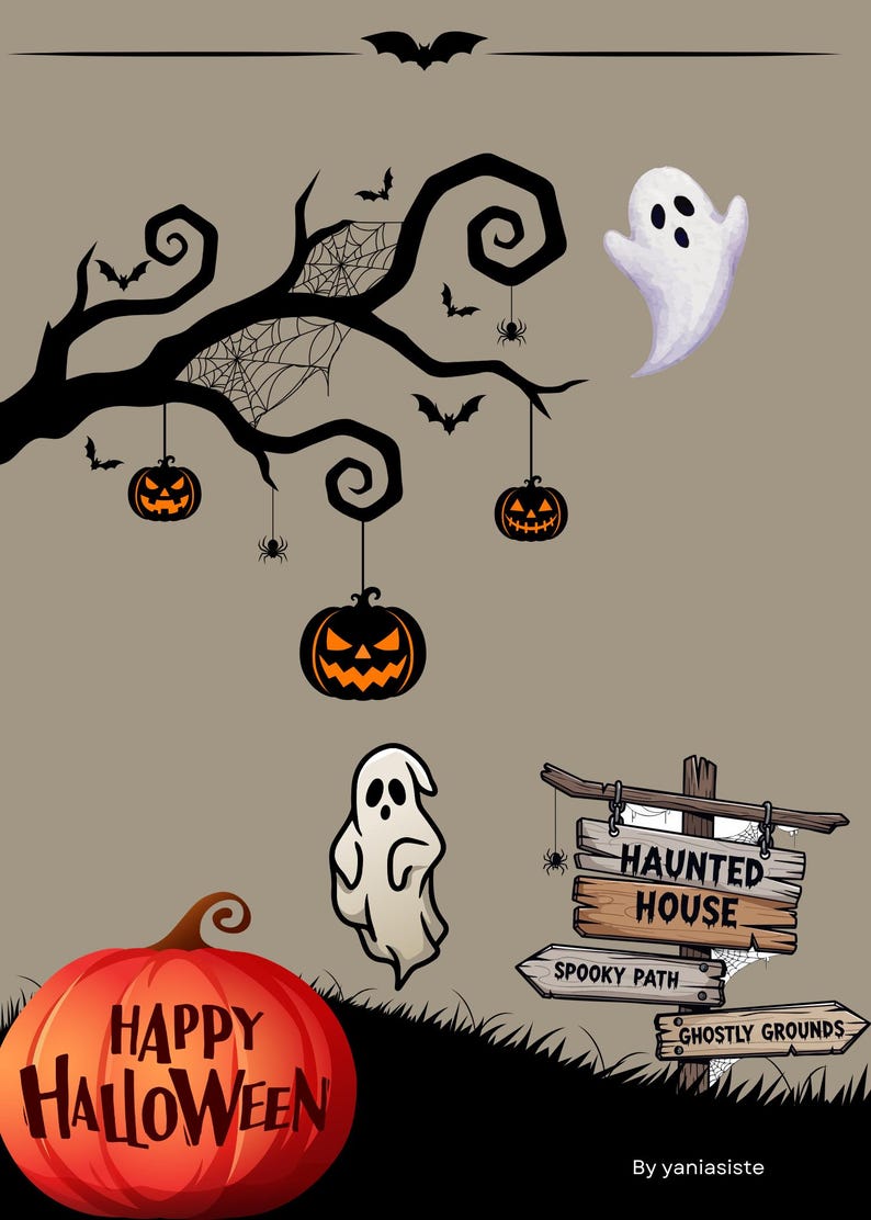 May include: A Halloween-themed illustration featuring a large orange pumpkin with the text Happy Halloween, a black tree branch with hanging jack-o'-lanterns, spiders, and bats, two white ghosts, and a wooden signpost labeled Haunted House.