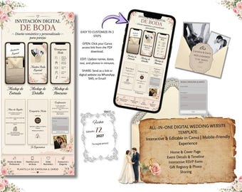 May include: A digital wedding invitation template set featuring floral accents, mobile phone mockups displaying event details, timelines, and RSVP forms, with text including "Invitación Digital de Boda" and "All-in-one digital wedding website template."