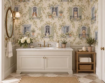 May include: A bathroom vanity with a white marble countertop, brass faucet, and two cabinet doors. The walls feature wallpaper with a repeating pattern of windows, green shutters, potted flowers, and various dog breeds. A wooden shelf holds towels.