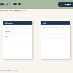 May include: Two printable and fillable digital organizer pages with dark blue headers. The left page is titled Home Information with lines for details, and the right page is titled Utilities with a table for service provider information.