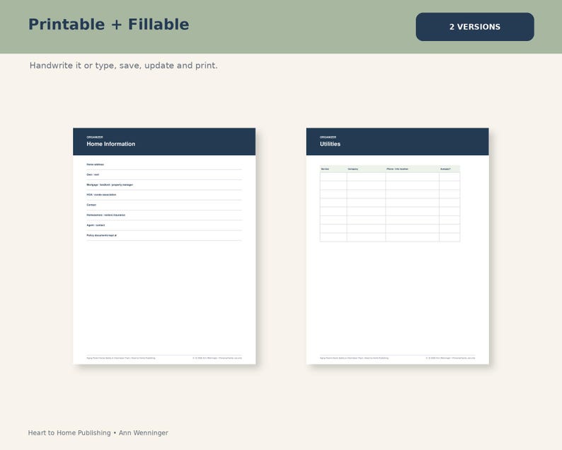 May include: Two printable and fillable digital organizer pages with dark blue headers. The left page is titled Home Information with lines for details, and the right page is titled Utilities with a table for service provider information.