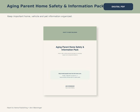 Aging Parent Home Safety and Information Pack, Senior Home Organizer, Emergency Printable Fillable PDF