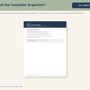 May include: A white document page titled How to Use This Pack with a dark blue header. The text provides instructions for an Aging Parent Ready Binder, including sections on emergency, medical, family, home, financial, and legal information.