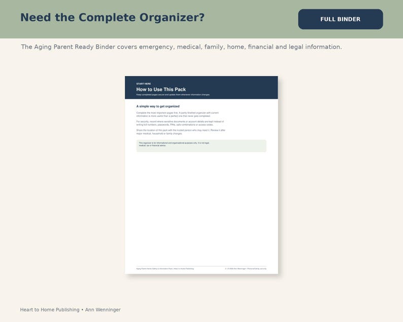 May include: A white document page titled How to Use This Pack with a dark blue header. The text provides instructions for an Aging Parent Ready Binder, including sections on emergency, medical, family, home, financial, and legal information.