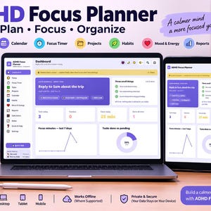 Pode incluir: Software ADHD Focus Planner exibido em um laptop, tablet e smartphone. A interface apresenta um painel com tarefas, calendário, temporizador, projetos, hábitos, humor e relatórios. Inclui o texto: ADHD Focus Planner, Plan, Focus, Organize.