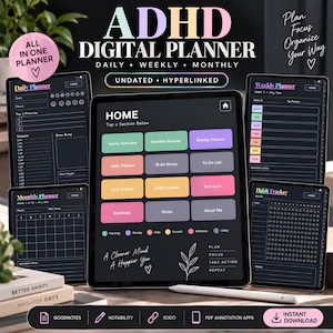 May include: An ADHD digital planner displayed on multiple tablet screens with a dark theme. The interface features colorful rectangular buttons for navigation, including daily, weekly, and monthly views, habit trackers, and goal setting sections.