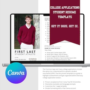 May include: A digital college application student resume template displayed on a laptop screen. The document features a photo of a person in a maroon sweater, sections for education and athletics, and text reading COLLEGE APPLICATIONS STUDENT RESUME TEMPLATE GET IT DONE. GET IN.