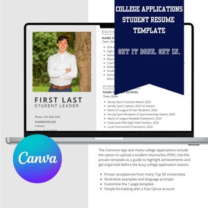 Könnte beinhalten: Eine digitale Vorlage für einen Studentenlebenslauf für College-Bewerbungen auf einem Laptop-Bildschirm. Das Dokument enthält ein Platzhalterfoto eines Studenten, Kontaktinformationen, Bildungs- und Sportabschnitte mit dem Text College Applications Student Resume Template und Get It Done. Get In.