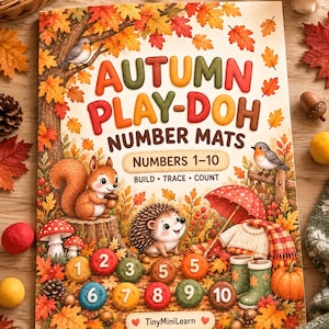Può includere: Un tappetino educativo rettangolare intitolato Autumn Play-Doh Number Mats Numbers 1-10 Build Trace Count. Il design presenta uno scoiattolo, un riccio, uccelli, funghi e foglie autunnali. Cerchi numerati da 1 a 10 sono mostrati in basso.